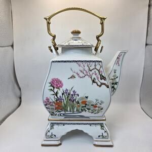 Franklin Porcelain 1986 Decorative Teapot w Stand Flowers Birds Japan FP Vintage